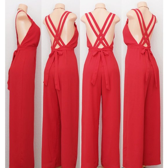 Red Crisscross Strap Backless Sexy V Neck Jumpsuit - Picture 8 of 9